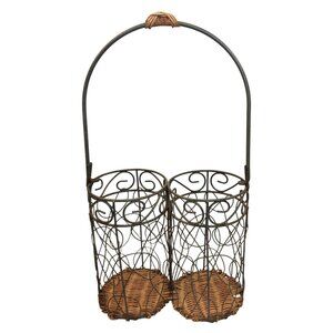 Vintage Double Bottle Holder Rustic Metal & Wicker Decorative Easy Carry Wine/Wa